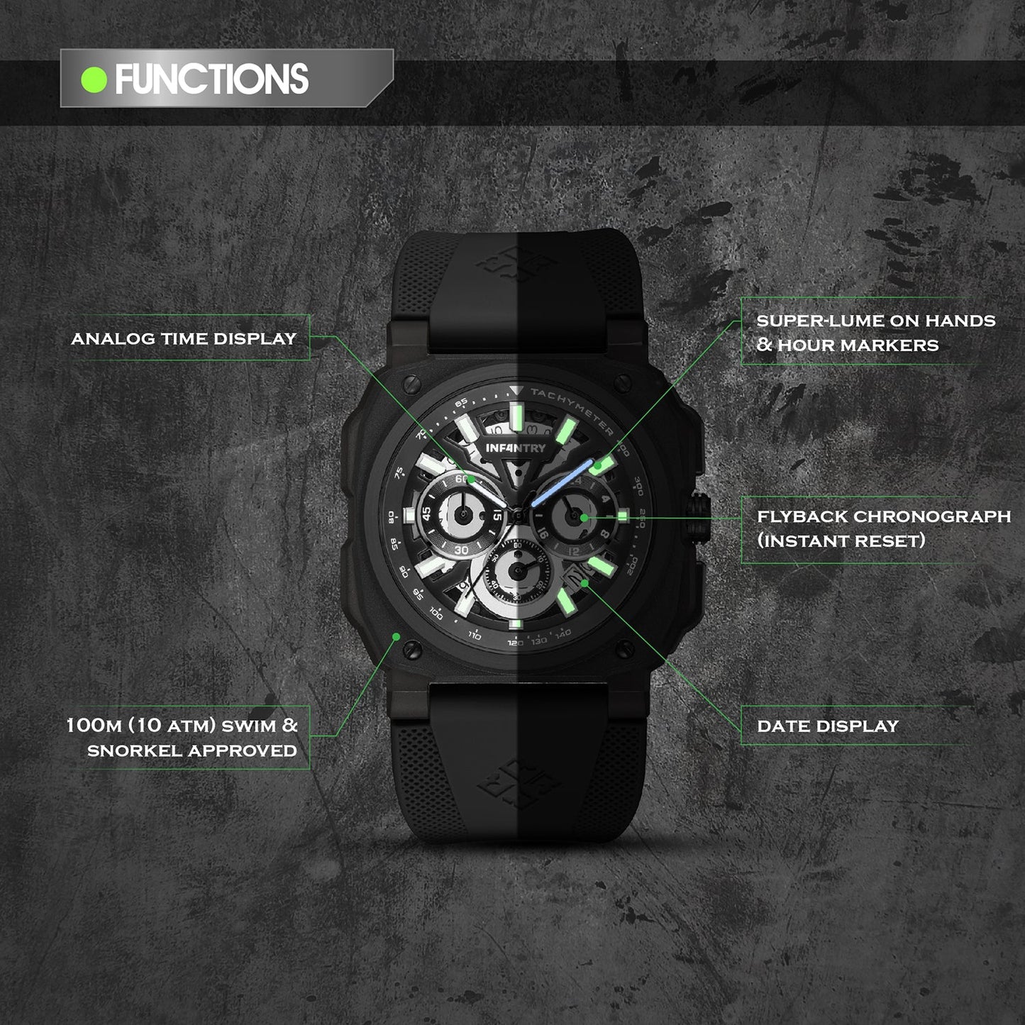 Square pilot instrument watch Infantry Revolution function REVO47-CHR03-BK