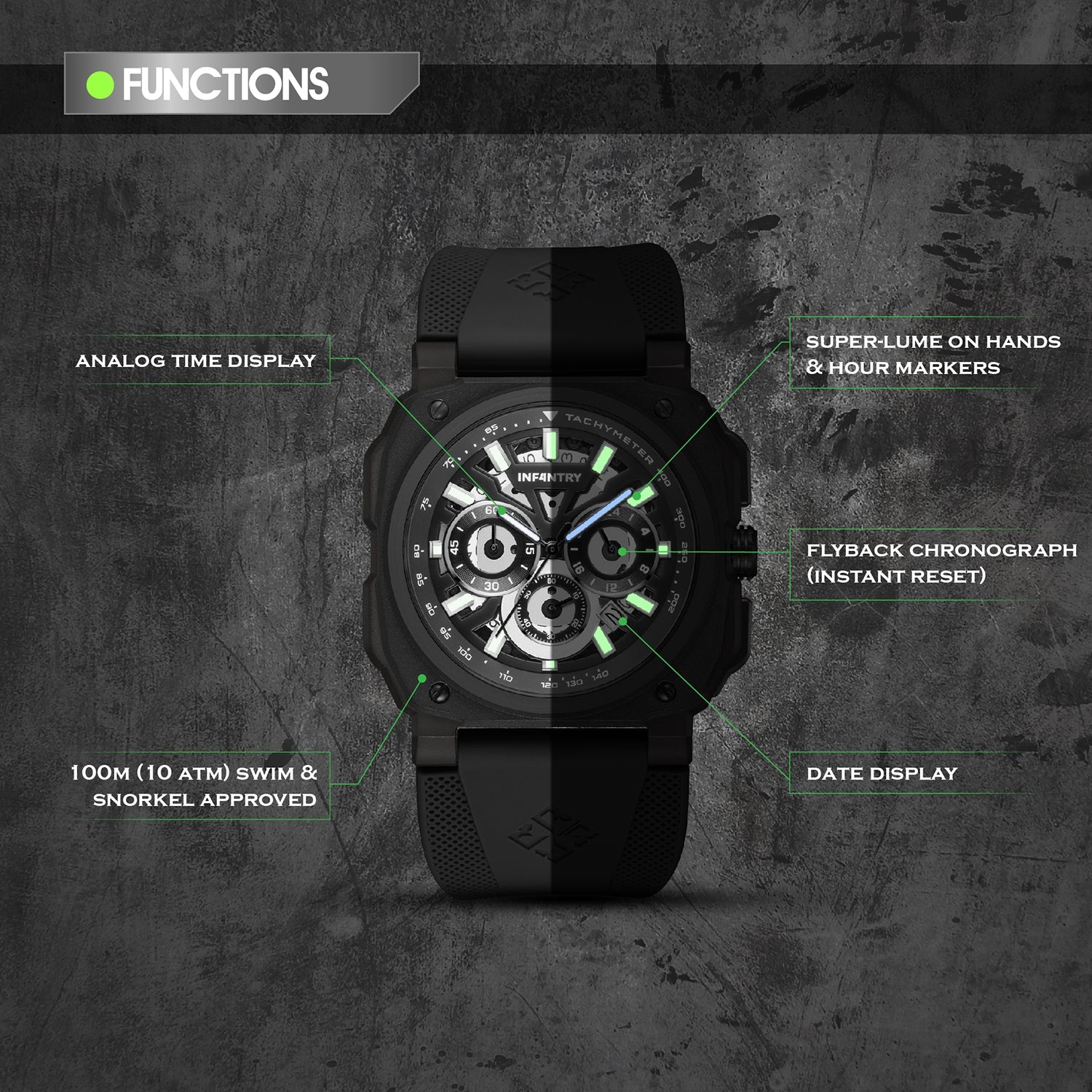 Square pilot instrument watch Infantry Revolution function REVO47-CHR03-BK