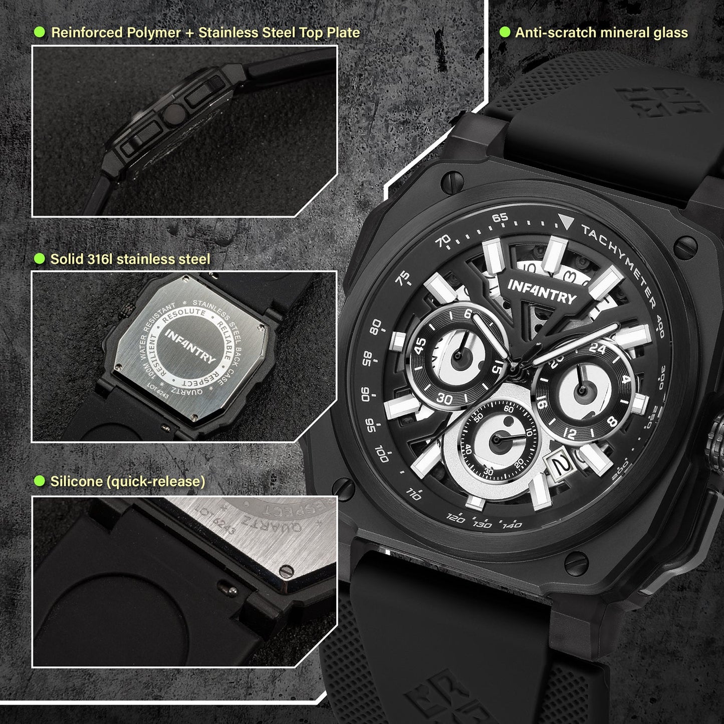 Square pilot instrument watch Infantry Revolution material REVO47-CHR03-BK