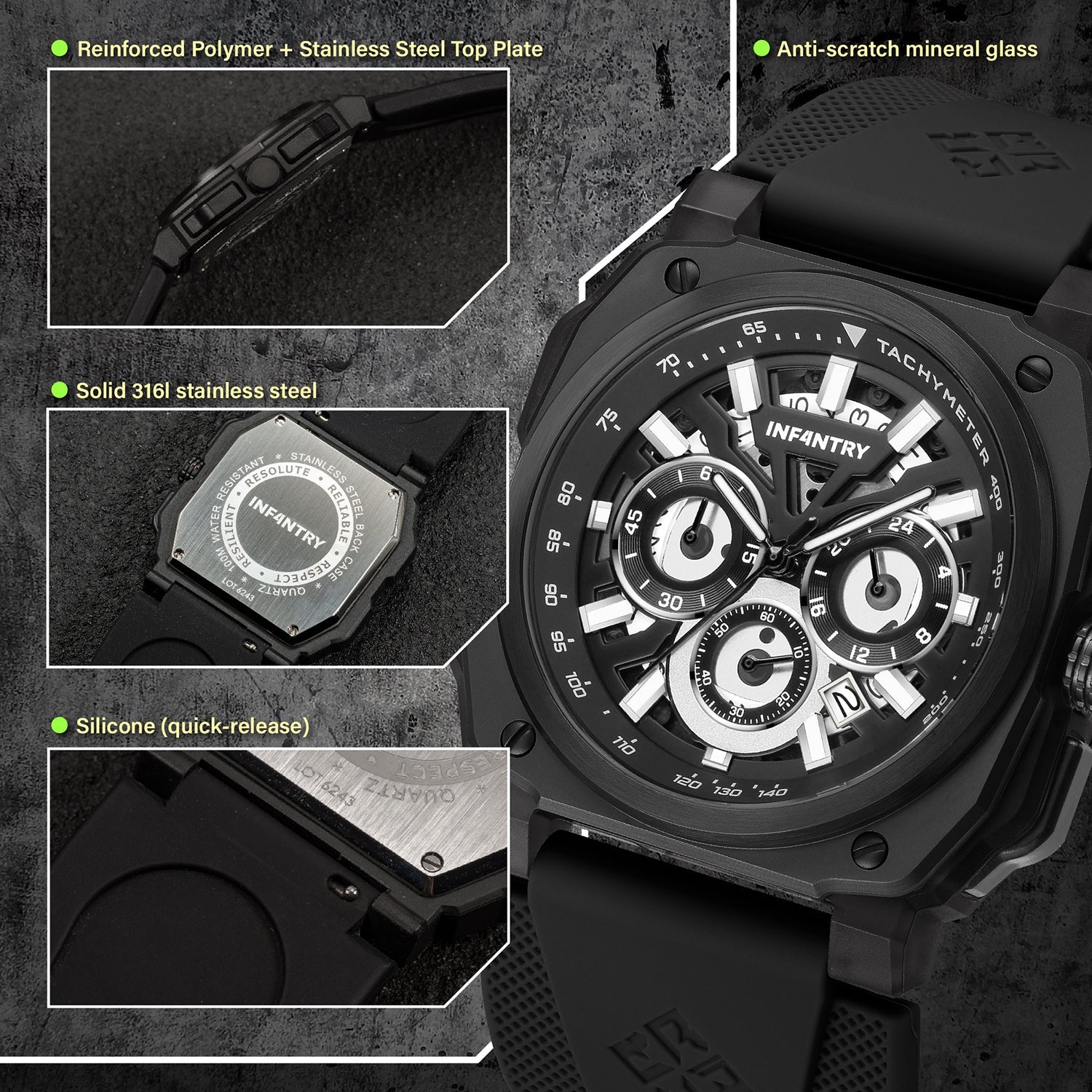 Square pilot instrument watch Infantry Revolution material REVO47-CHR03-BK