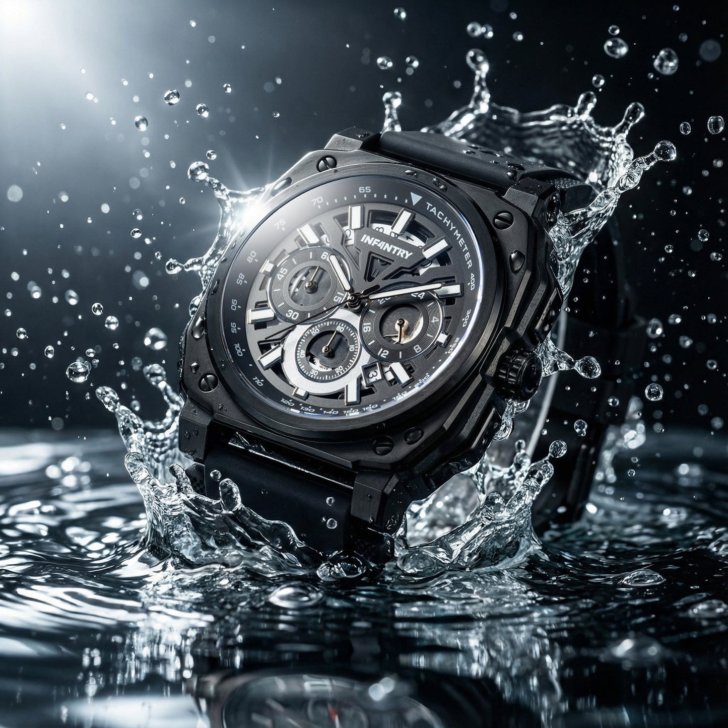 Square pilot instrument watch Infantry Revolution waterproof REVO47-CHR03-BK
